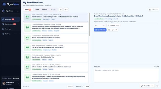 SignalMelo mention scan results with links to original Reddit and X posts