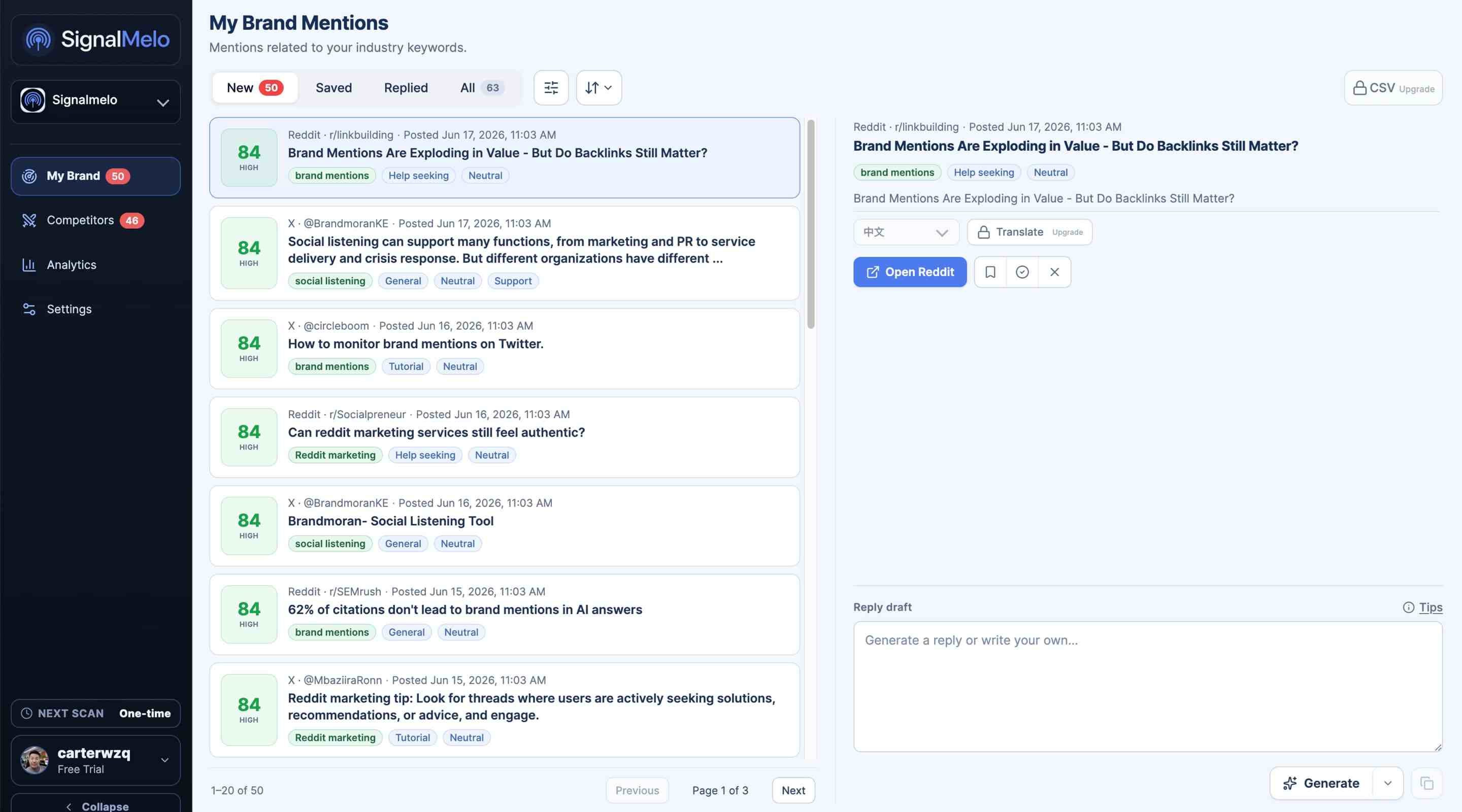 SignalMelo daily scan results showing Reddit and X brand mentions side by side