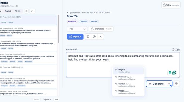 SignalMelo reply draft editor for a brand mention