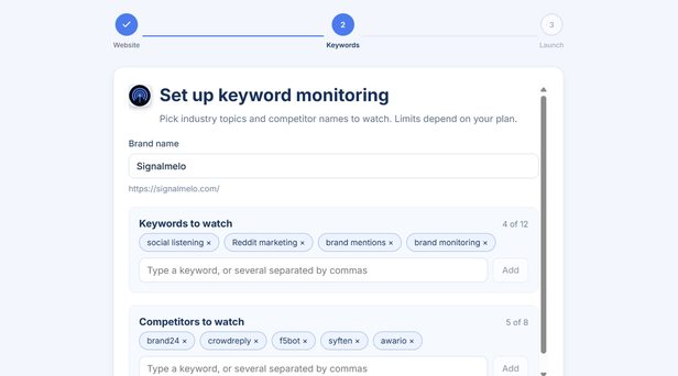 SignalMelo brand setup with keywords and competitor terms